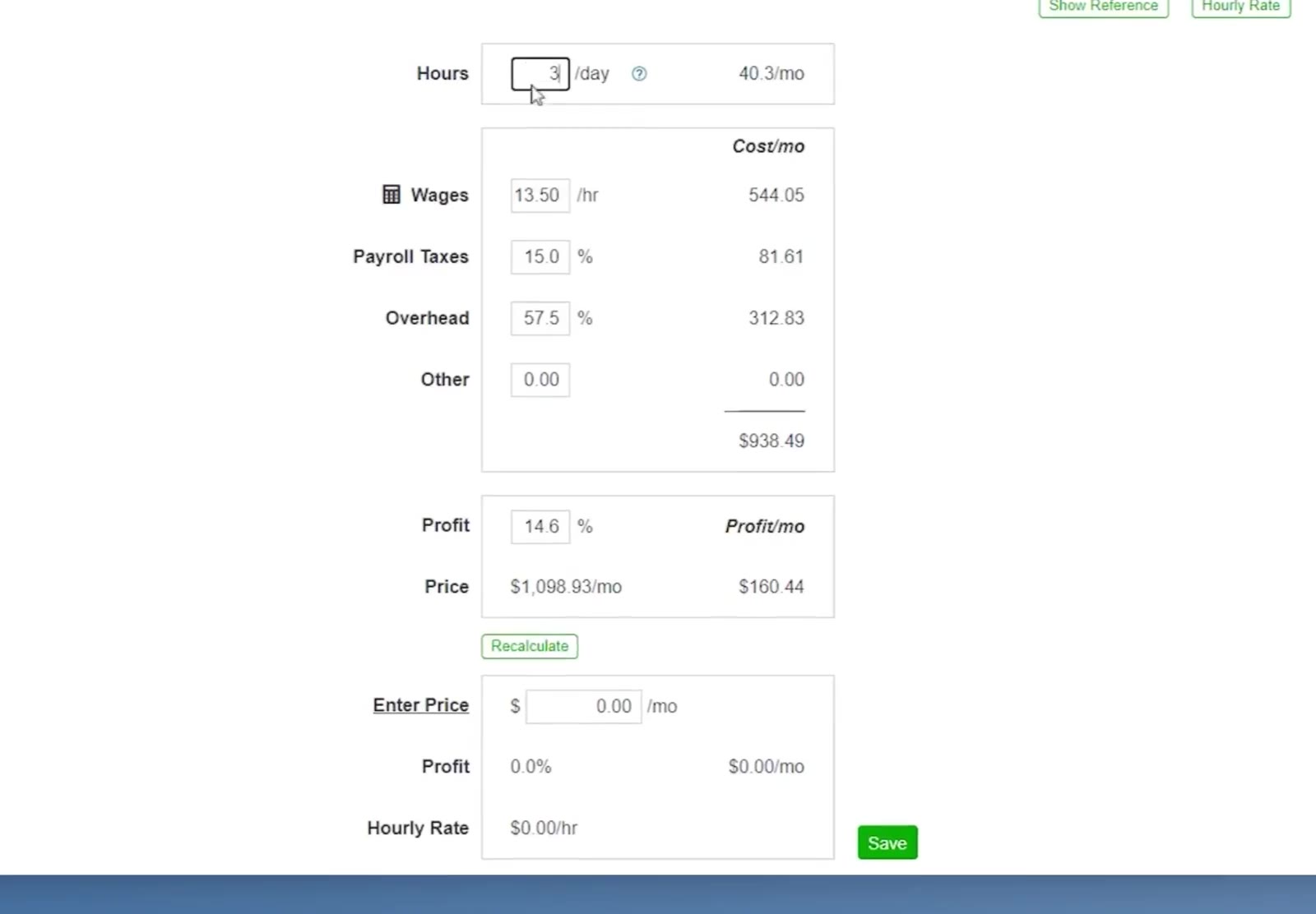 The Price tab — hours, wages, taxes and overhead on the left, the resulting cost and suggested price on the right.