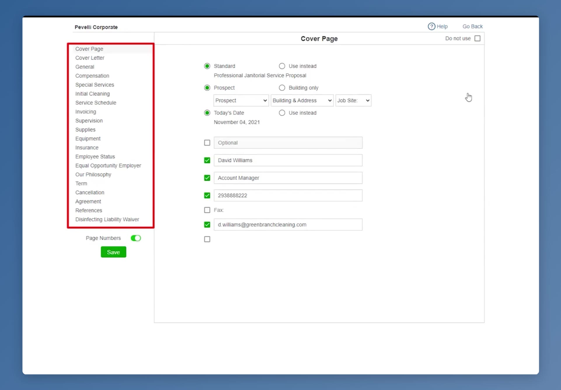 The proposal Options screen: the section list on the left, the selected section’s wording on the right, Do not use at its top right, and the Page Numbers toggle above Save.