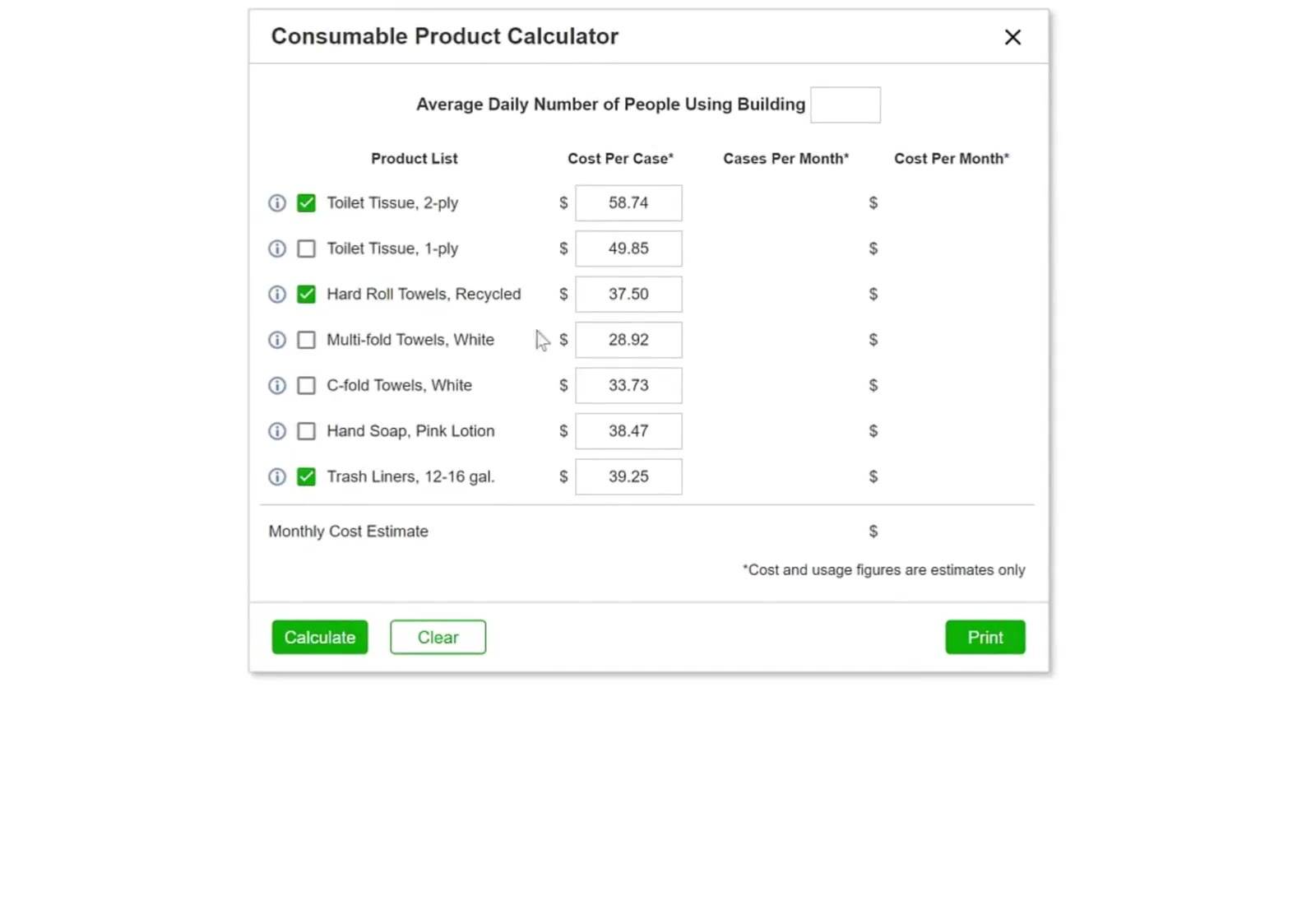 Only the products you check are counted; the rest stay out of the total.