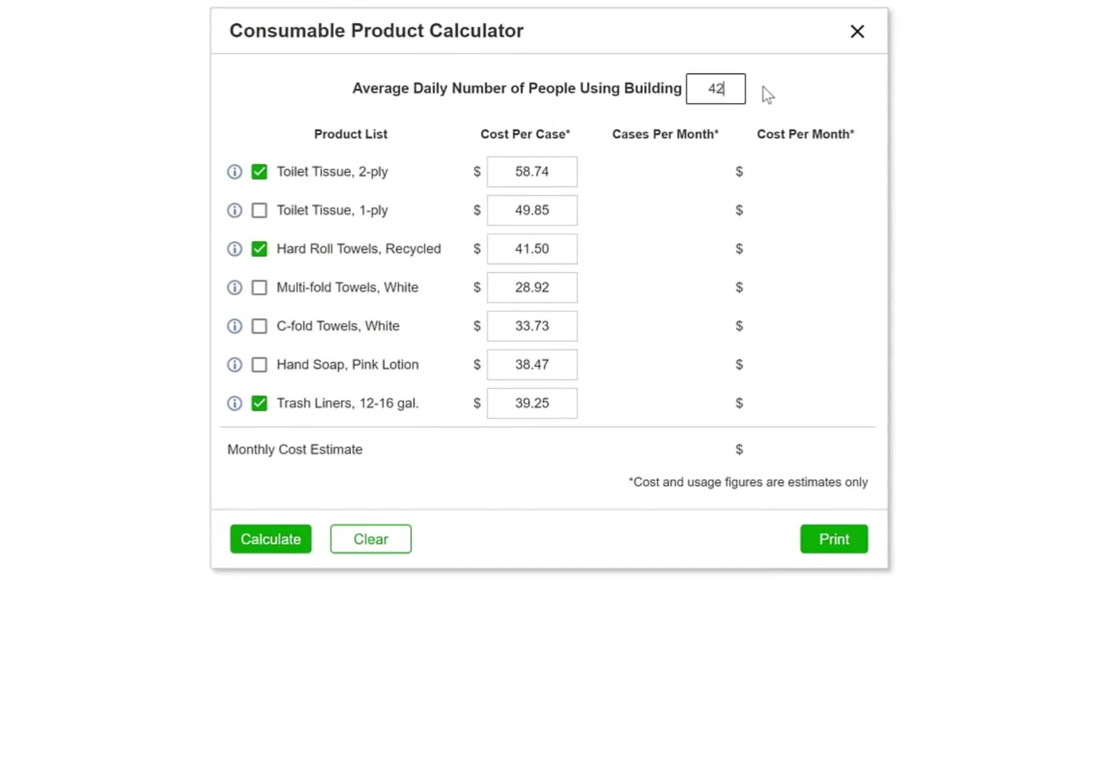Occupancy goes in the field at the top, and Cost Per Case is editable on every row.