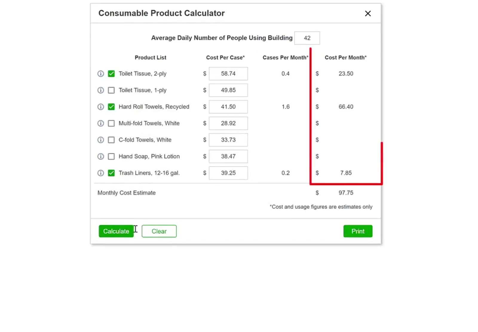 Calculate fills in the cases and cost for each product, and totals them at the bottom.