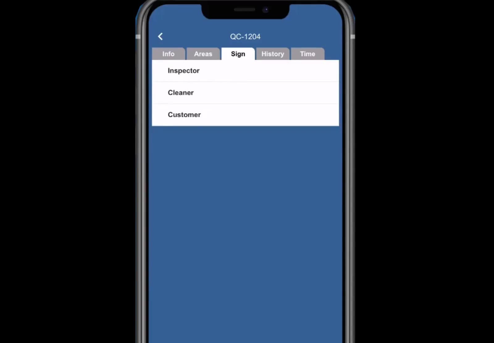 The Sign tab captures signatures from the inspector, cleaner or customer.