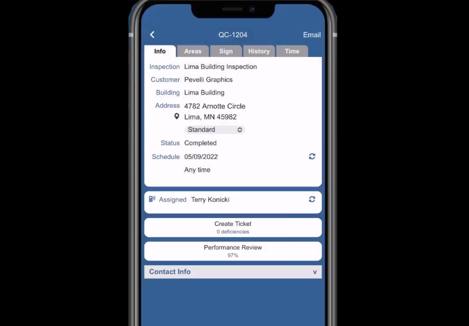 Once the status is Completed, the screen shows the deficiency count and the performance review score.