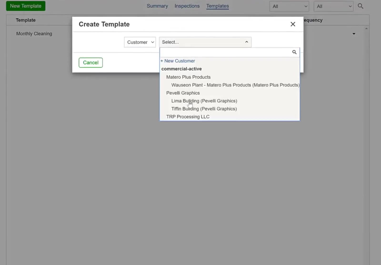 The Create Template box lists customers, with each customer’s buildings underneath.