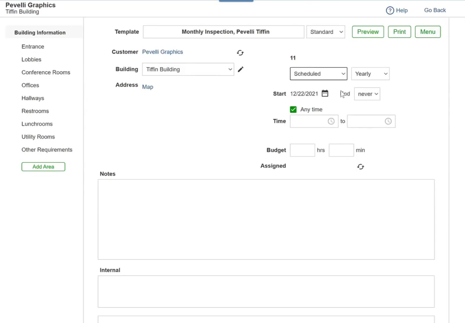 Setting the template to Scheduled reveals the frequency, Start and End boxes.