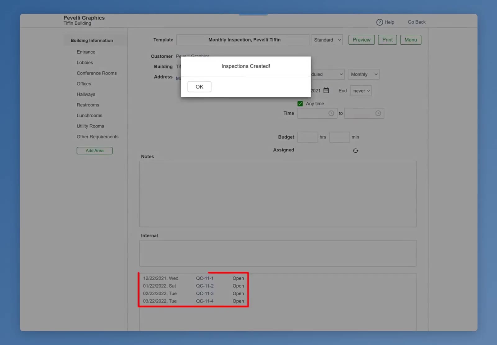 After you click Save, CleanGuru confirms with Inspections Created! and lists the dates at the bottom.