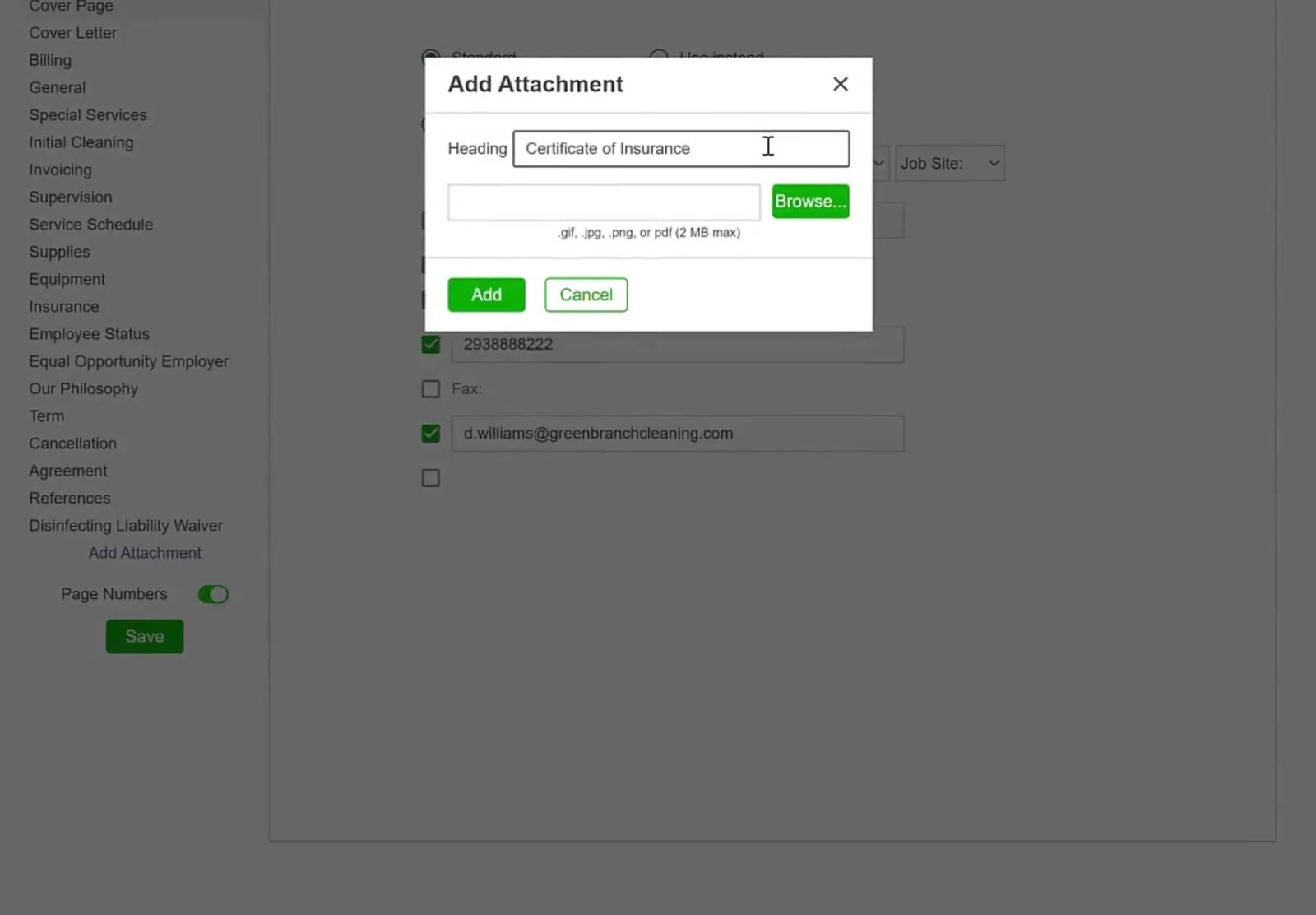 The Heading field is used to label the specific attachment.