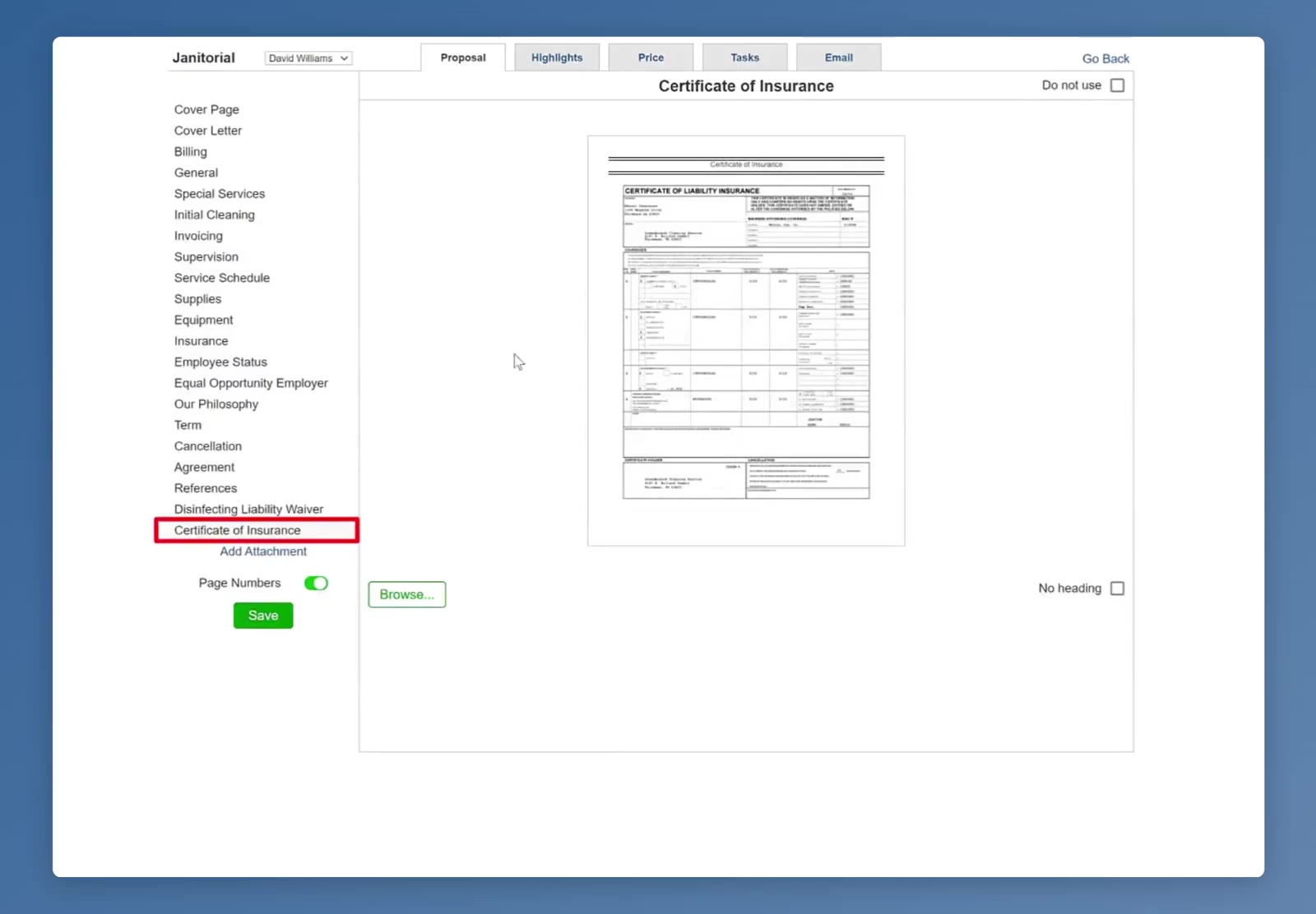 The uploaded document appears as a preview, and the attachment is now listed in the left sidebar.