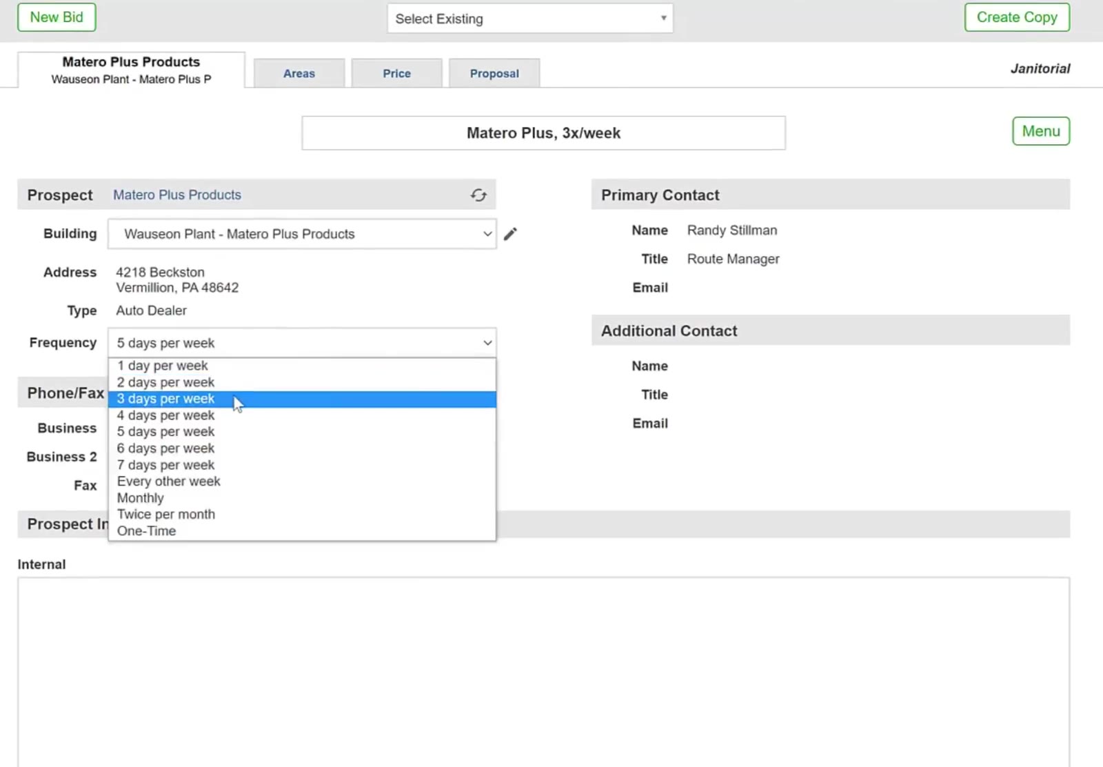 The Frequency dropdown on the bid details page sets how often the service runs.