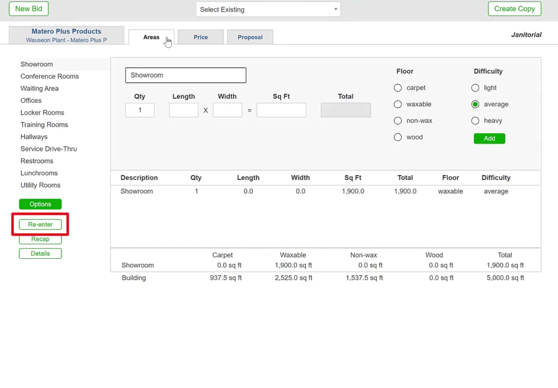 Re-enter reopens the measurement box; Options opens the task list for the selected area.