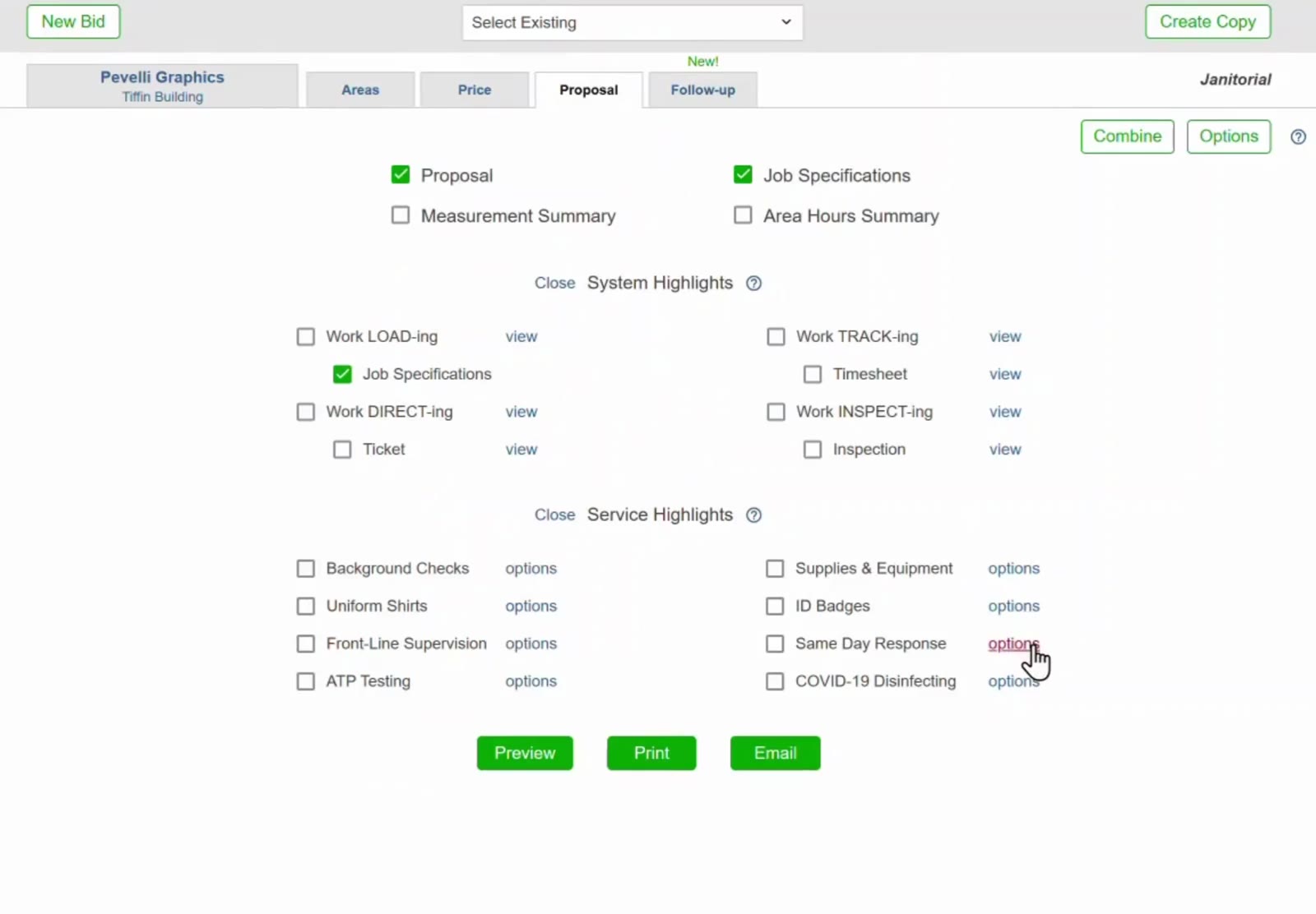 Every Service Highlight has its own checkbox and an options link.