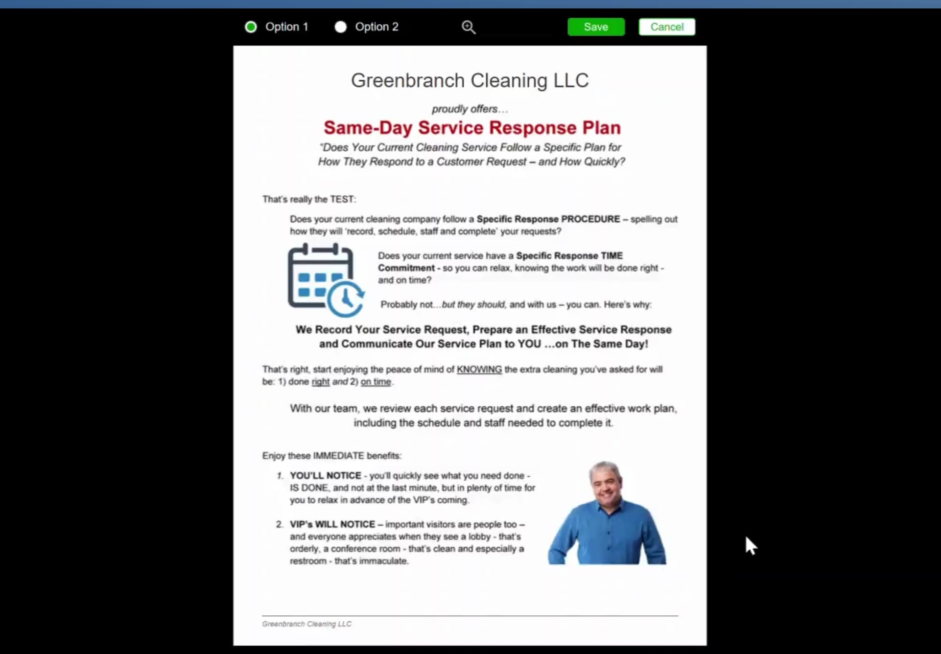 The options window shows the finished page, with Option 1 and Option 2 at the top.