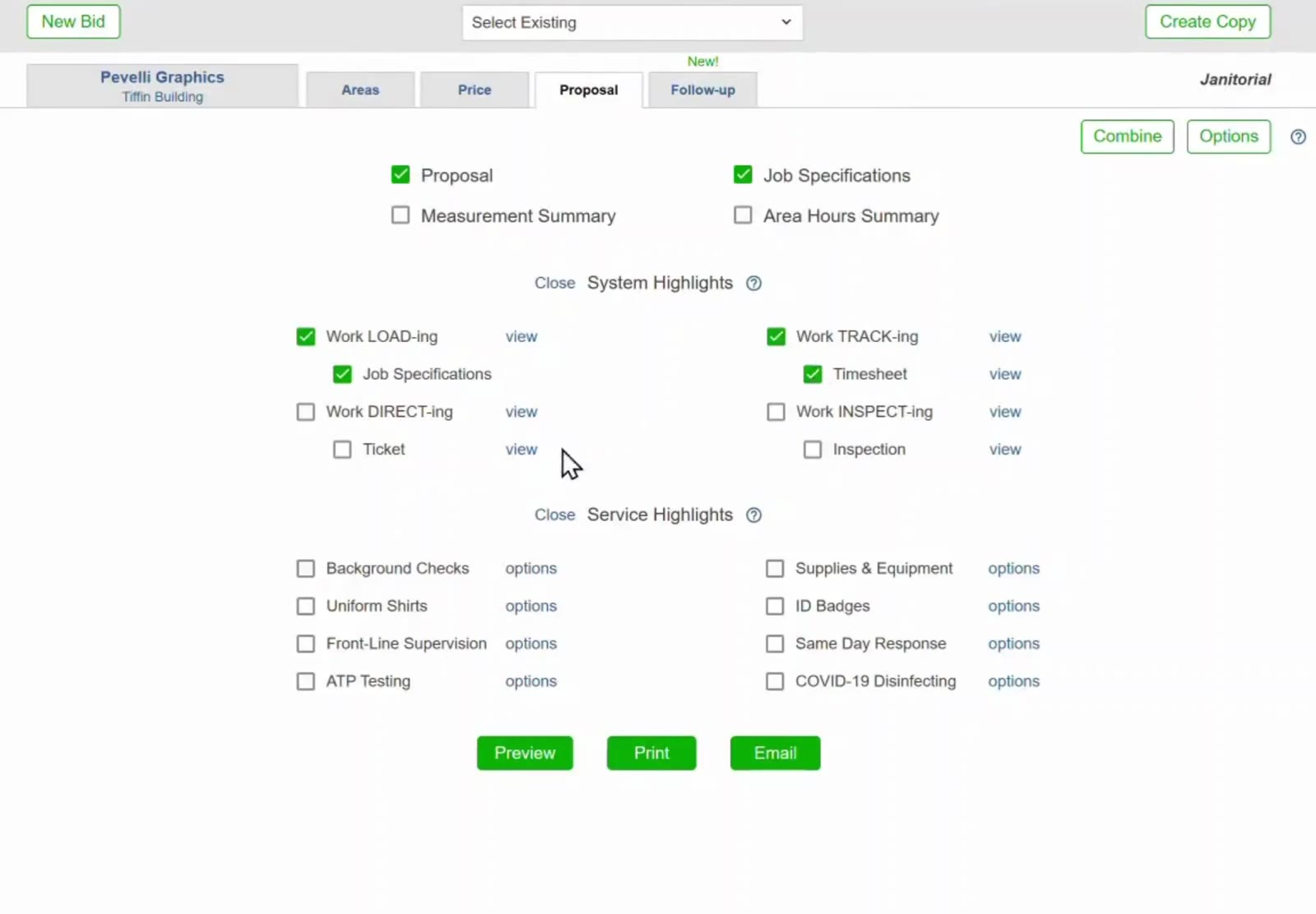 Ticked boxes show which highlights and sample documents will appear in the proposal.