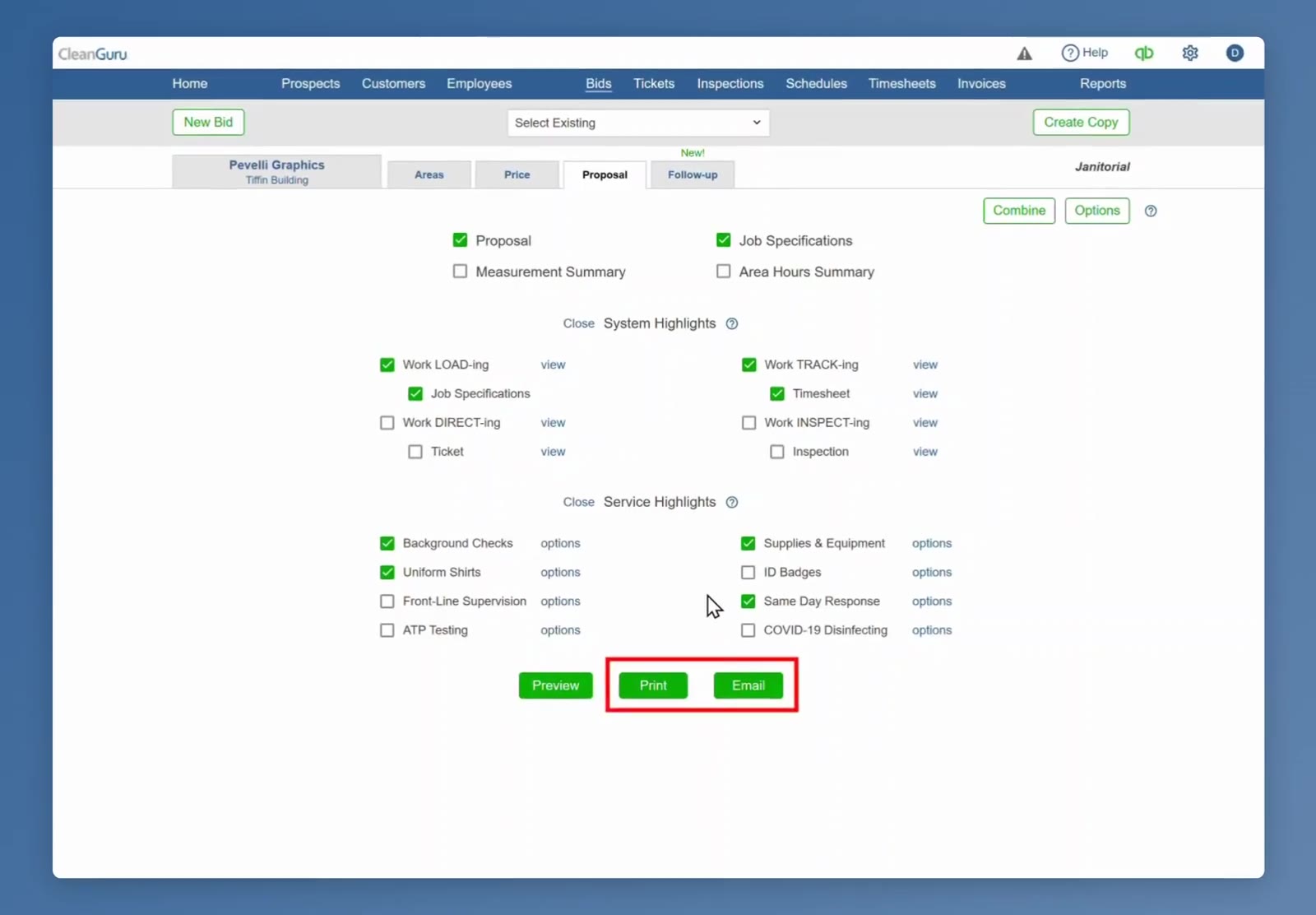 Preview, Print and Email sit at the bottom of the Proposal tab.